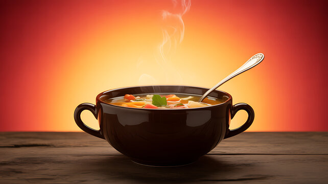 Steaming vegetable soup in a black bowl with a spoon, set on a wooden table against a warm orange background