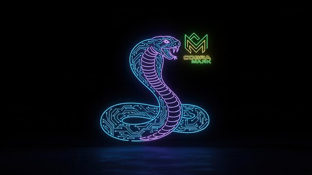 Vibrant neon glowing cobra made from intricate circuit board pathways on dark background