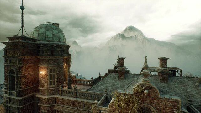 Ornate rooftop relief framing misty peak, carved stone ornamentation, weathered masonry, small chimneys and balustrades, cloudy sky with distant mountain