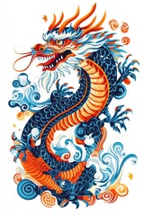 Fototapeta premium A flat style illustrated dragon, isolate on white background, highlighting its unique features and vibrant colors.