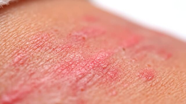 Extreme close-up of skin texture with inflamed red patches and small bumps