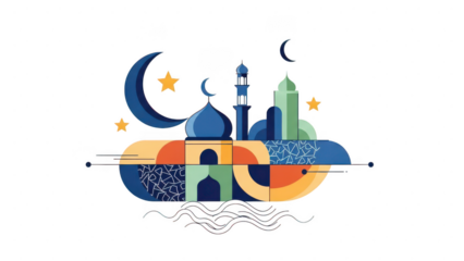Abstract geometric Islamic cityscape with moon and stars, isolated on transparent background.