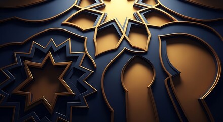 Intricate gold and dark blue geometric patterns with a luxurious, embossed texture, reminiscent of Islamic art and Moroccan design.
