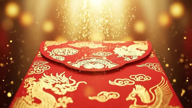 Chinese New Year red envelope with gold dragon.