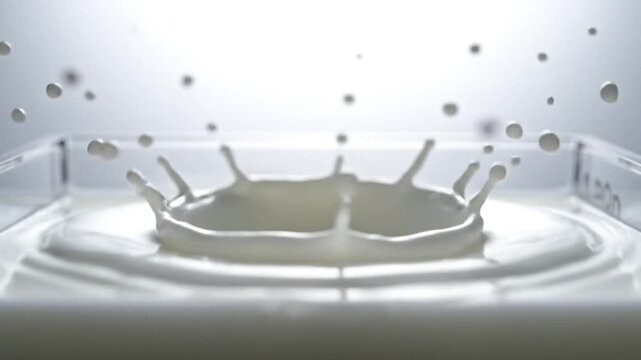 Mesmerizing slow motion capture of a milk drop creating a beautiful crown splash in a clear container