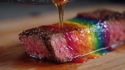 A piece of steak is covered in colorful gravy