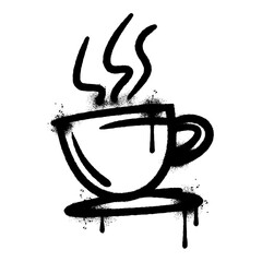 Graffiti spray paint coffee cup icon with steam and drips on white background. © Doa Bunda