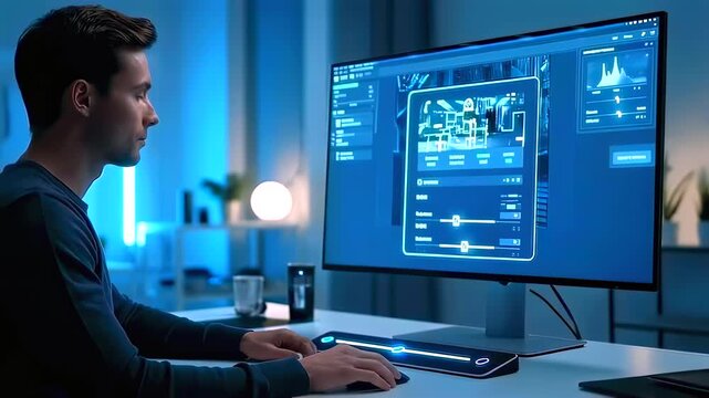 designer editing interface on desktop monitor in studio cool blue lighting, UI panels and sliders visible, focused posture, keyboard and mouse interaction, color controls and preview