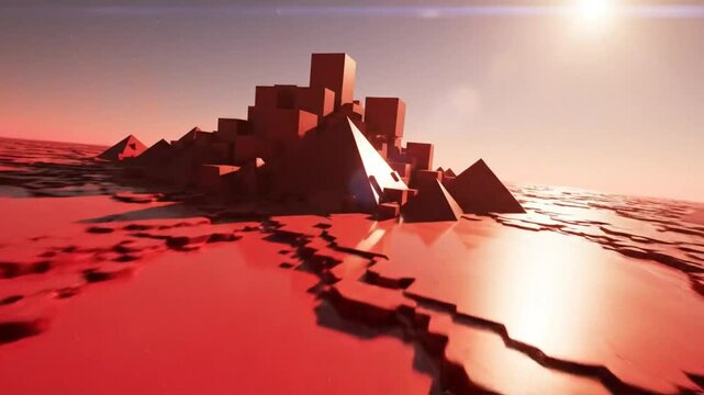 Abstract red geometric landscape with cuboid buildings and a reflective water surface under a bright sun
