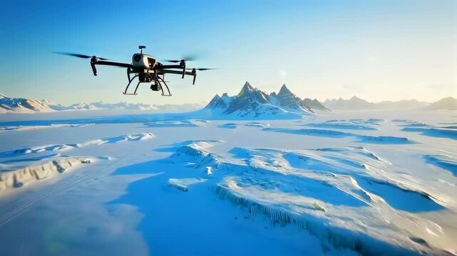 Drone over arctic icefield at sunrise, cinematic aerial survey of quadcopter capturing vast frozen landscape with jagged mountain peaks, parallel snow tracks, warm golden light, crisp blue