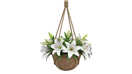 Hanging basket of white lilies with green leaves