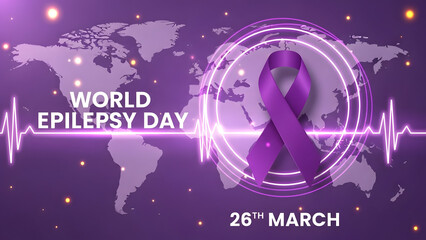 Fototapeta premium World epilepsy day purple ribbon on a purple background with a world map for awareness and health campaigns globally