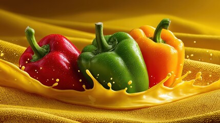 Fresh Colorful Bell Peppers with Vibrant Yellow Sauce Splash