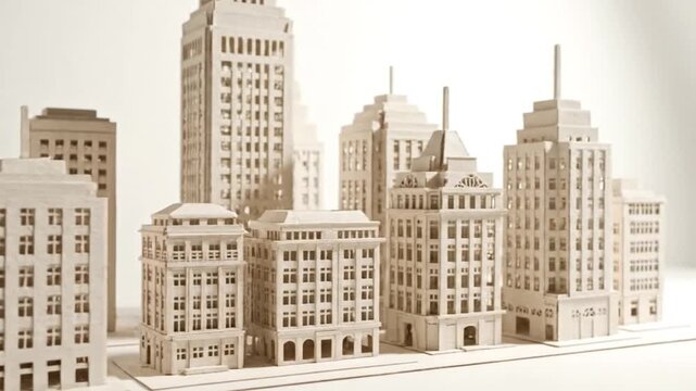 A miniature cityscape with white, textured buildings and a blank background