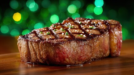 Juicy Grilled Ribeye Steak with Festive Green Bokeh Background