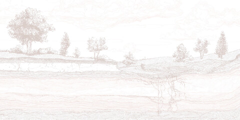 Stylized landscape with layered geological strata below a gentle hill with trees and sparse vegetation in muted tones © Towhidul