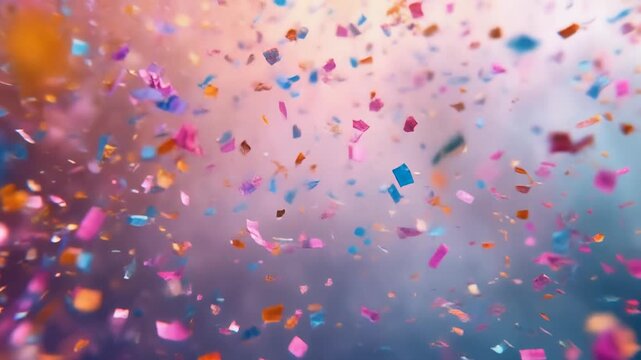 Vibrant Confetti Explosion with Colorful Pieces and Blurred Background.