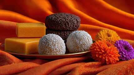 Gourmet Sweets and Flowers on Elegant Orange Silk Background