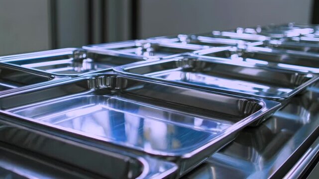 stainless steel trays stacked on counter, closeup of shiny empty pans arranged in rows, reflective surfaces under cool bluish light, sterile food prep or catering setup, organized layout
