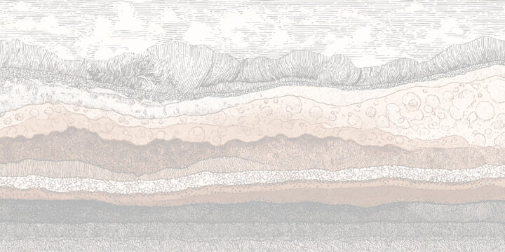 Detailed cross section of geological strata layers showing sedimentary rock formations and mountainous terrain in a vintage etched style with a muted color palette