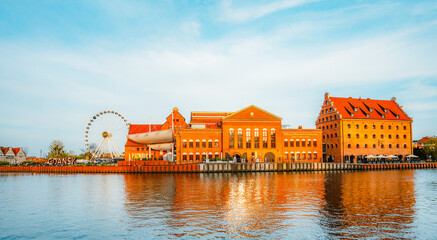 Gdansk with Motlawa river in Poland. Old town colourful house with Polish Baltic Frederic Chopin Philharmonic