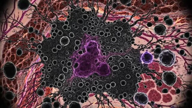 Microscopic view of a cancer cell with metastatic spread through surrounding tissue and vasculature.