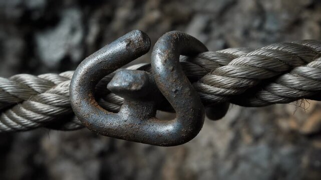 Metal chain link attached to a thick rope.