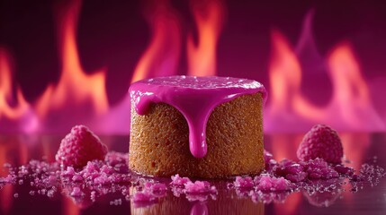 Pink Glazed Raspberry Cake Dessert with Fiery Background