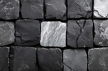 Overhead view of dark gray stone tiles with one light gray patterned tile rock slate