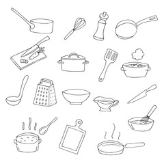 Hand Drawn Kitchen Utensils and Cookware Icons Set in Outline Style