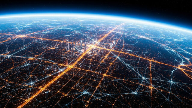 Smart City Network Connectivity with Glowing Light Trails over Urban Landscape from Space