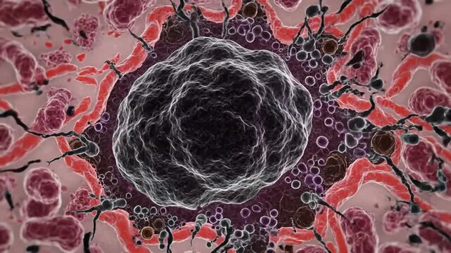 Microscopic view of a cancer cell destroying other cells in a biological environment
