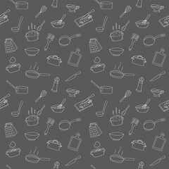 Kitchenware line art seamless pattern. Culinary doodle background with pots, pans, and knives.