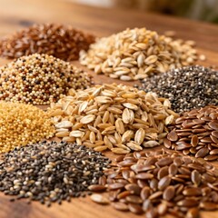 Naklejka premium An assortment of healthy seeds and grains. The collection includes flax seeds, sunflower seeds, chia seeds, pearl barley, and quinoa. These are often used as healthy additions to various meals.