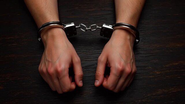 Hands in handcuffs on wooden surface