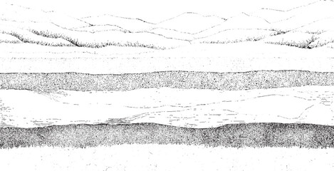 Abstract geological cross section showing distinct horizontal layers of sediment rock and vegetation in monochrome © Towhidul