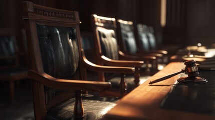 Judicial gavel on courtroom bench with ornate chairs