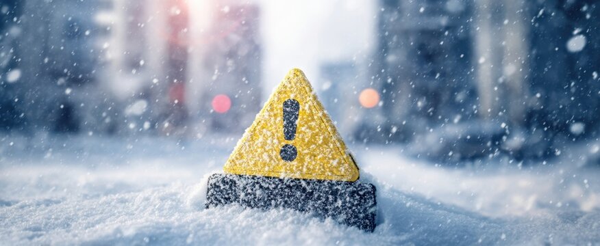 The warning sign buried in snow on a blustery city street