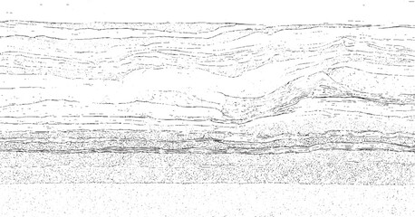 Obraz premium Intricate geological cross-section showcasing complex folded and layered rock formations with detailed textural patterns in a monochrome style