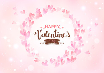 バレンタインデー キラキラ背景の手描き水彩ハートのフレーム　文字デザインあり
