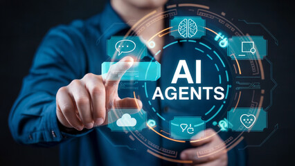 A person in a blue shirt interacting with a futuristic AI agents interface on a dark background