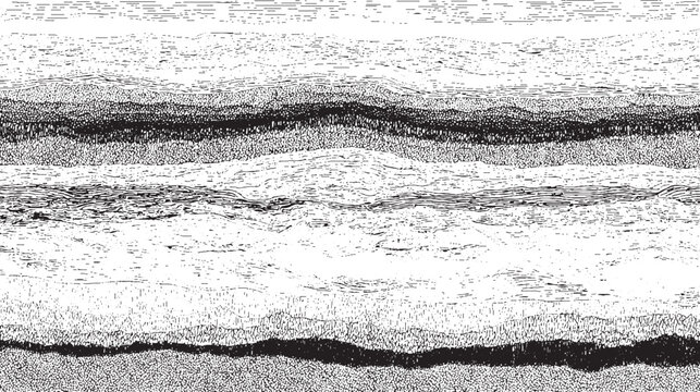 Complex black and white abstract composition with multiple horizontal layers of varying textures and intricate wavy patterns suggesting geological cross-sections or organic structures