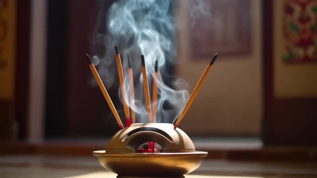The Scent of Incense. Islamic Culture &ndash; Idul Fitri. Shot of a traditional incense burner gently smoking, filling the entryway with a ceremonial scent, with the light catching the rising smoke.
