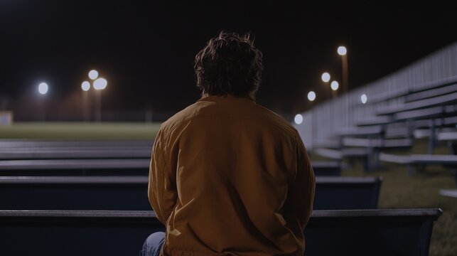 Athlete sits alone on sidelines after defeat at night