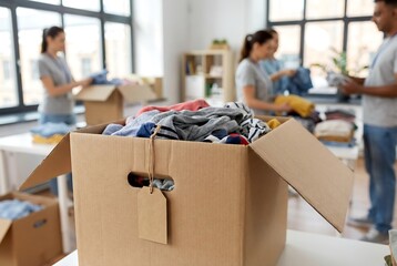 Full cardboard box with clothes for donation. Group of volunteers sort and prepare apparel for charity. Humanitarian aid, giving, and community support concept.
