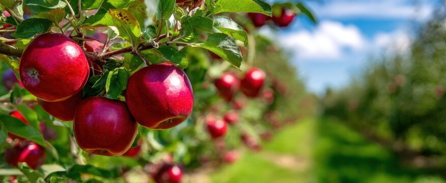 The apples on a sunlit orchard branch with rows of trees in background