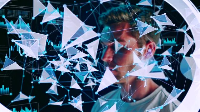white man in futuristic lab surrounded by holographic triangular network and neon ring, intense focus, data charts and waveform overlays, augmented reality interface maps, experimental AI