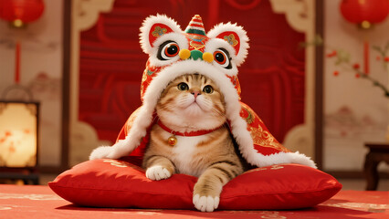 Cute cat wearing chinese lion dance costume head, funny new year pet