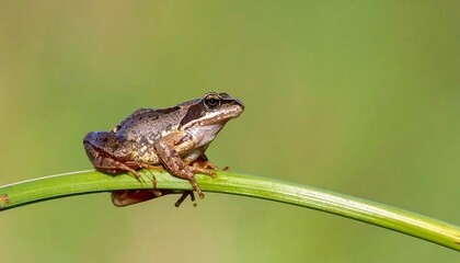 Obraz premium A small frog perched on a curved green stem against a blurred green background