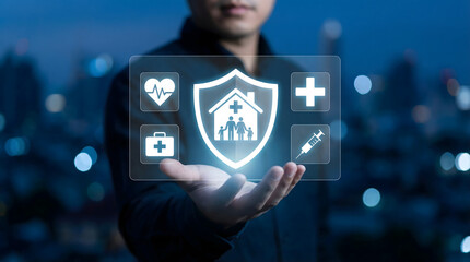 Person displays glowing digital shield with family home health and medical protection icon